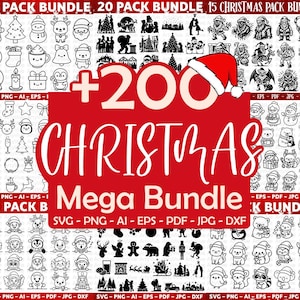 May include: A digital Christmas Mega Bundle with over 200 festive designs. Includes SVG, PNG, AI, EPS, PDF, JPG, and DXF files. Features holiday-themed illustrations of Santa, snowmen, and Christmas trees. Includes various file formats.