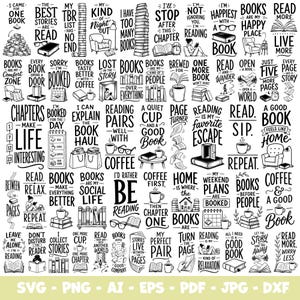 Peut inclure: Une collection de motifs graphiques en noir et blanc présentant diverses illustrations et typographies sur le thème des livres. Les images incluent des piles de livres, des fauteuils de lecture, des tasses à café, des lunettes et des phrases.