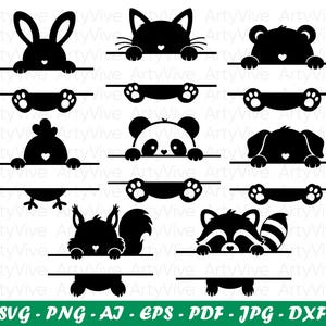 Peut inclure: Une collection de dix motifs d'animaux en silhouette noire, incluant un lapin, un chat, un ours, un poulet, un panda, un chien, un écureuil et un raton laveur. Chaque animal est représenté au-dessus d'une ligne horizontale avec ses pattes.