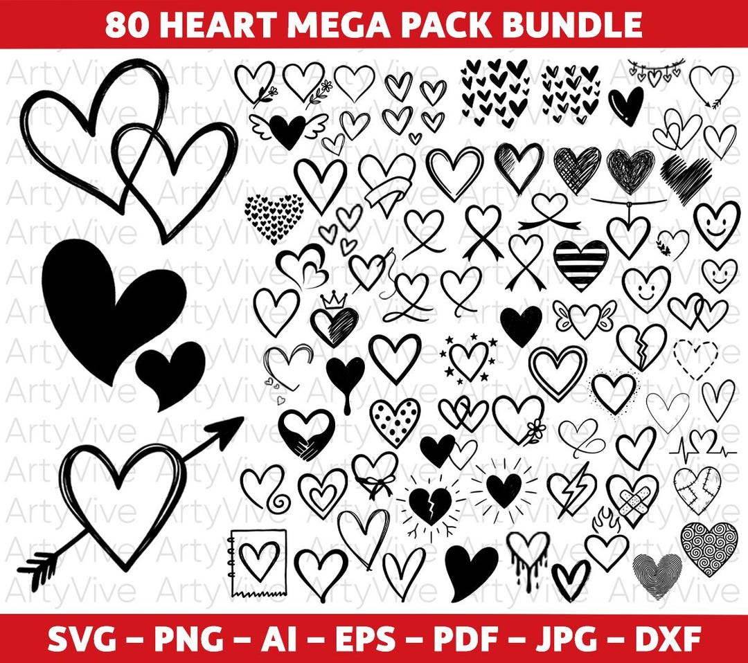 80 Heart SVG Mega Bundle, Doodle Heart SVG Designs, Valentine's Day ...