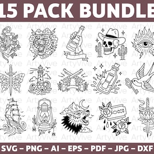 May include: A black and white illustration bundle featuring 15 tattoo-style designs. The collection includes an anchor with roses, a tiger, a bottle of rum, a skull with a cowboy hat, an eye with lightning, a butterfly with a sword, a lighthouse, crossed pistols, a message in a bottle, a swallow with a key, a ship, a lantern, a wolf, a razor with roses, and a dagger with a lotus flower. The text "15 PACK BUNDLE" is at the top.