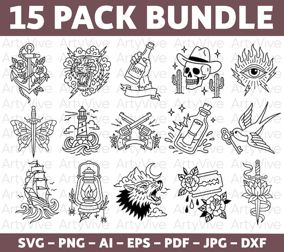 Traditional Tattoo Flash Bundle, Old School Tattoo SVG Designs, Vintage Line Art Clipart for Cricut & Sublimation, Silouhette, Tatoo svg/png