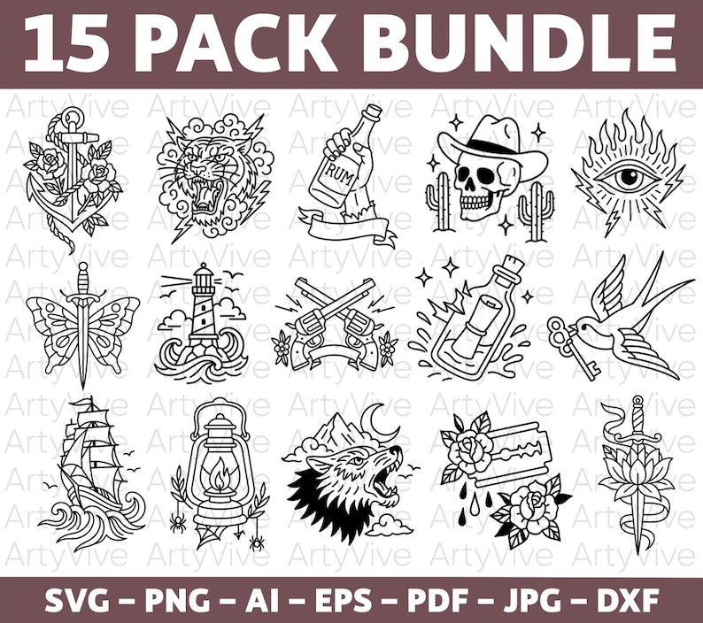 May include: A black and white illustration bundle featuring 15 tattoo-style designs. The collection includes an anchor with roses, a tiger, a bottle of rum, a skull with a cowboy hat, an eye with lightning, a butterfly with a sword, a lighthouse, crossed pistols, a message in a bottle, a swallow with a key, a ship, a lantern, a wolf, a razor with roses, and a dagger with a lotus flower. The text "15 PACK BUNDLE" is at the top.