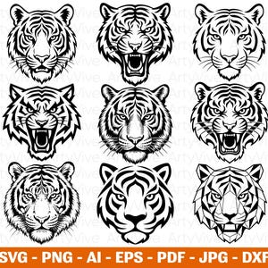 Puede incluir: Una colección de nueve ilustraciones distintas de cabezas de tigre en blanco y negro dispuestas en una cuadrícula. Los diseños presentan varias expresiones, incluyendo rostros gruñendo, rugiendo y neutrales, con una cabeza de tigre geométrica.