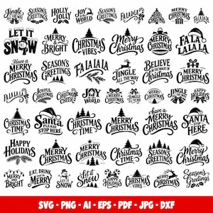 May include: A collection of black and white Christmas-themed graphic designs featuring various holiday phrases like Merry Christmas, Let It Snow, and Season's Greetings, accompanied by icons of trees, snowmen, reindeer, and Santa hats.