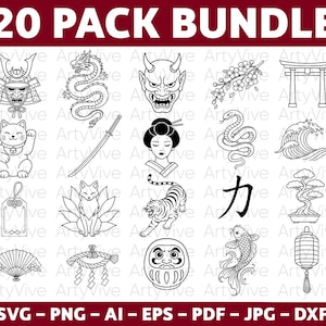 Könnte beinhalten: Ein schwarz-weißes Illustrationspaket mit 20 japanisch thematisierten Designs. Die Sammlung umfasst einen Samurai-Helm, einen Drachen, eine Dämonenmaske, Kirschblüten, ein Torii-Tor, eine winkende Katze, ein Katana, eine Geisha, eine Schlange, eine Welle, einen Fuchs, einen Tiger, ein japanisches Schriftzeichen, einen Bonsai-Baum, einen Fächer, eine Daruma-Puppe, einen Koi-Fisch und eine Laterne.