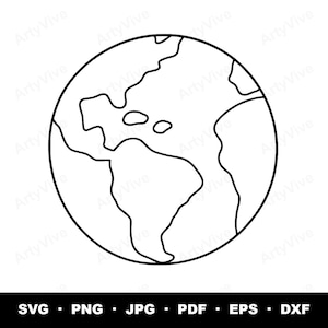 May include: A black and white line art illustration of the planet Earth, featuring a simplified outline of the continents of North and South America. The design is presented as a clean, circular graphic with bold black strokes on a white background.