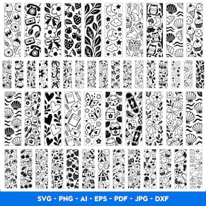 Peut inclure: Une collection de marque-pages rectangulaires présentant divers motifs graphiques en noir et blanc, incluant des fleurs, des animaux, de la nourriture et des éléments naturels. Le texte SVG - PNG - AI - EPS - PDF - JPG - DXF est visible en bas.