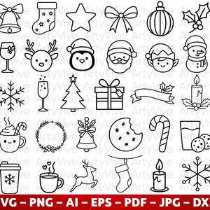 Christmas SVG Bundle, 30 Cute Christmas Line Art Designs, Reindeer, Santa, Snowman, Christmas tree svg, Candy, Cricut & Silhouette Cut Files