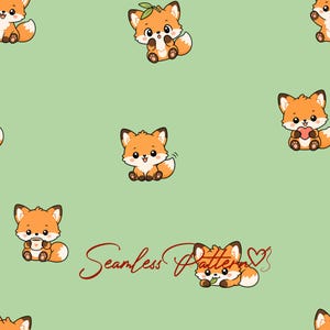 Peut inclure: Un motif sans couture avec des renards de dessin animé dans diverses poses sur un fond vert clair. Les renards sont orange et blancs avec des accents noirs. Certains renards tiennent un cœur, une feuille ou une tasse. Le texte "Seamless Pattern" est écrit en cursive.