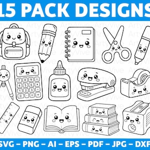 Peut inclure: Un ensemble de 15 illustrations en noir et blanc au trait représentant des fournitures scolaires avec des visages souriants, incluant un sac à dos, un crayon, un carnet, des ciseaux, un marqueur, un compas, une calculatrice, de la colle, une agrafeuse, un dévidoir de ruban adhésif, une règle, une gomme, un livre et un taille-crayon.