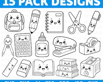 May include: A collection of 15 black and white line art illustrations featuring school supplies with smiling faces, including a backpack, pencil, notebook, scissors, marker, compass, calculator, glue, stapler, tape dispenser, ruler, eraser, book, and sharpener.