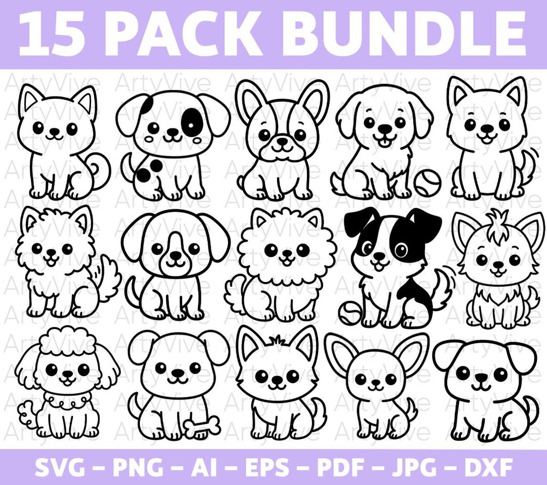 Cute Dog SVG Bundle, Puppy Clipart Designs, Kawaii Dog SVG PNG Files ...