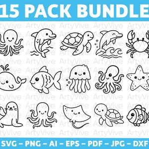 Söta havsdjur SVG-paket, kawaii havsdjur clipart, linjära marina varelser, sköldpadda och fisk svg, Cricut-klippfil, barnpyssel