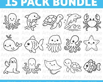 Puede incluir: Un paquete de ilustraciones en blanco y negro con 15 criaturas marinas, incluyendo un pulpo, un delfín, una tortuga, un cangrejo, una ballena, un pez, una medusa, una estrella de mar, una foca y una raya. El texto "15 PACK BUNDLE" está en la parte superior.