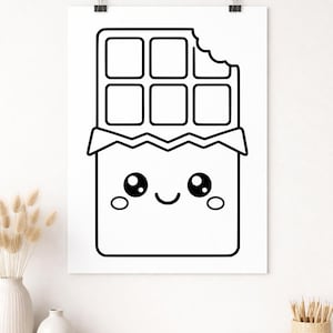 Puede incluir: Ilustraci&oacute;n en blanco y negro de una barra de chocolate sonriente con un mordisco. La barra de chocolate tiene una cara linda con ojos grandes y una boca curva. El envoltorio tiene un dise&ntilde;o en zigzag.