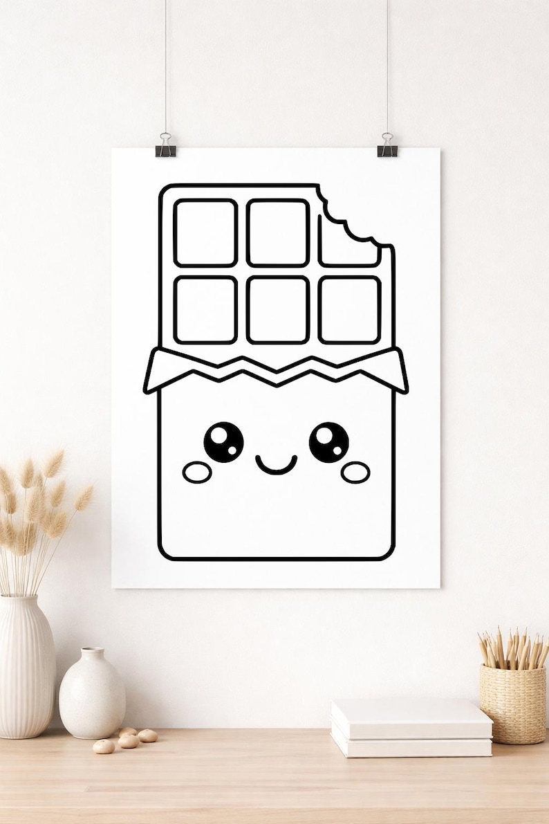 Puede incluir: Ilustraci&oacute;n en blanco y negro de una barra de chocolate sonriente con un mordisco. La barra de chocolate tiene una cara linda con ojos grandes y una boca curva. El envoltorio tiene un dise&ntilde;o en zigzag.