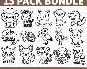 Schattige wilde dieren SVG-bundel, Kawaii Safari dierenclipart, Schattige jungledieren svg, Dierentuindieren svg, Schattige kinderdieren png, Cricut-bestanden