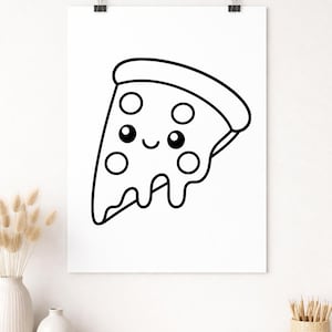 Puede incluir: Ilustraci&oacute;n en blanco y negro de una porci&oacute;n de pizza sonriente con pepperoni y queso derretido. La porci&oacute;n de pizza tiene una cara amigable con ojos grandes y una sonrisa curvada. La imagen est&aacute; impresa en papel blanco.