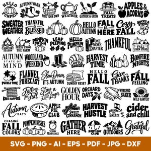 May include: A collection of black and white digital graphic designs featuring autumn-themed illustrations and typography including pumpkins, leaves, boots, and seasonal phrases like Hello Pumpkin, Fall Treats, and Sweater Weather, with file formats listed at the bottom.