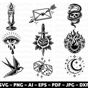 Op de afbeelding: Zwart-wit illustraties in tattoo-stijl. Ontwerpen omvatten een kaars, een envelop doorboord door een pijl, een slang om een schedel, een oog met tranen, een dolk door een roos, een hoefijzer in vlammen, een zwaluw, dobbelstenen en een maan. De tekst: SVG - PNG - AI - EPS - PDF - JPG - DXF.
