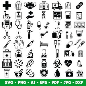 Könnte beinhalten: Eine Sammlung schwarzer medizinischer und gesundheitsbezogener Symbole in einem Raster, darunter Symbole für Krankenhaus, Krankenwagen, Stethoskop, Spritze, Mikroskop, Pillen, DNA-Strang, Herzmonitor, Krücken und verschiedene Laborausrüstungen.