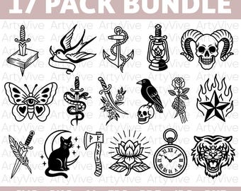 Traditionell Flash Tattoo SVG-paket, Old School Black Line Art-designer, Vintage Line Art Clipart för Cricut och sublimering, tatueringsstil PNG