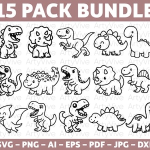 Peut inclure: Illustration en noir et blanc de 15 dinosaures de dessins animés dans diverses poses. Le texte "15 PACK BUNDLE" est en haut. En dessous des dinosaures se trouvent les types de fichiers : SVG, PNG, AI, EPS, PDF, JPG et DXF.