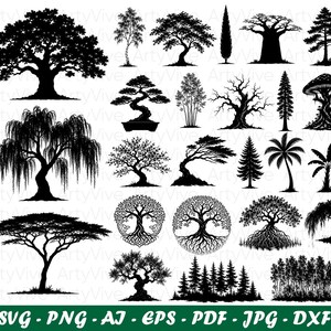 May include: A collection of black silhouettes featuring various tree species, including oaks, pines, palms, a weeping willow, a bonsai, and circular tree of life designs, with the text SVG - PNG - AI - EPS - PDF - JPG - DXF at the bottom.