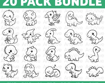 Cute Dinosaur SVG Bundle, Kawaii Baby Dinosaurs Line Art Clipart, Dino ...