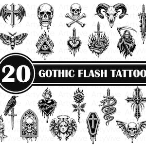 Puede incluir: Diseños de tatuajes flash góticos en blanco y negro. La imagen presenta una variedad de ilustraciones, incluyendo calaveras, cruces, dagas, una polilla, un cuervo, un ataúd y la parca. El texto "20 GOTHIC FLASH TATTOOS" se muestra en una pancarta negra.