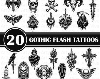 Gothic Tattoo SVG Bundle, Procreate Tattoo, Dark Flash Tattoo Designs, Skull Bat SVG, Gothic Clipart PNG Cricut Files, Horror Tattoo Art