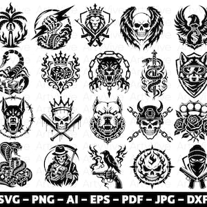 May include: A collection of black and white vector graphics featuring various designs. Includes a palm tree with a dagger, a hand with a lightning bolt, a lion with rifles, a skull with wings, an eagle with a money bag, a scorpion, dice, a panther, a snake, a wolf, a dog, a skull with bats, a pitbull, a skull with a helmet, brass knuckles with roses, a cobra, a grim reaper, a raven with a gun, a skull with flames, and a person with guns.