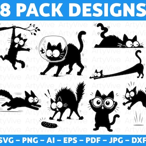 Peut inclure: Un ensemble graphique numérique intitulé 8 PACK DESIGNS présentant huit silhouettes de chats noirs dans diverses poses, notamment suspendu à une branche, portant un bocal à poisson, s'étirant, courant et réagissant à un concombre. Inclut SVG, PNG, AI, EPS, PDF, JPG, DXF.