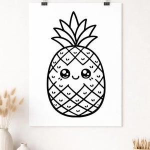 Puede incluir: Ilustraci&oacute;n en blanco y negro de una pi&ntilde;a sonriente. La pi&ntilde;a tiene un patr&oacute;n de cuadr&iacute;cula en su cuerpo y una corona de hojas. La imagen es un dibujo sencillo, estilo caricatura, ideal para arte mural o impresiones.