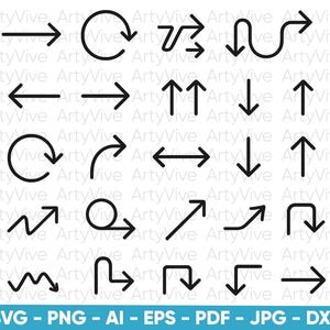 May include: A collection of black arrow icons in various shapes and directions, including straight, curved, and angled designs. The image also includes the text "SVG - PNG - AI - EPS - PDF - JPG - DXF" in a blue banner at the bottom.