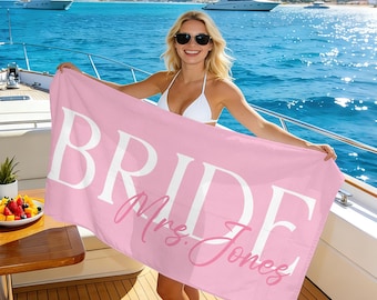 Personalized Bride Beach Towel, Custom Name Beach Towel for Bride, Bachelorette Party/Honeymoon/Bridal Shower Gift, Vacation Beach Towel