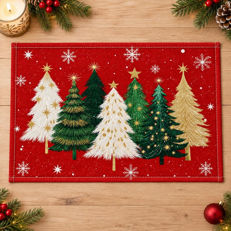 Red Christmas Tree Linen Placemat, Festive Holiday Table Mat, Rustic ...