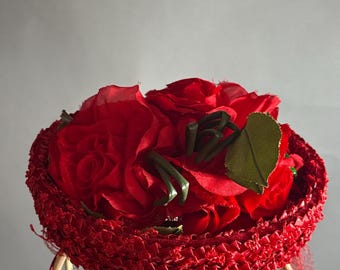 Vintage 1960s Don Marshal Decorettes Red Floral Saucer Hat with Roses & Veil Church Easter Kentucky Derby