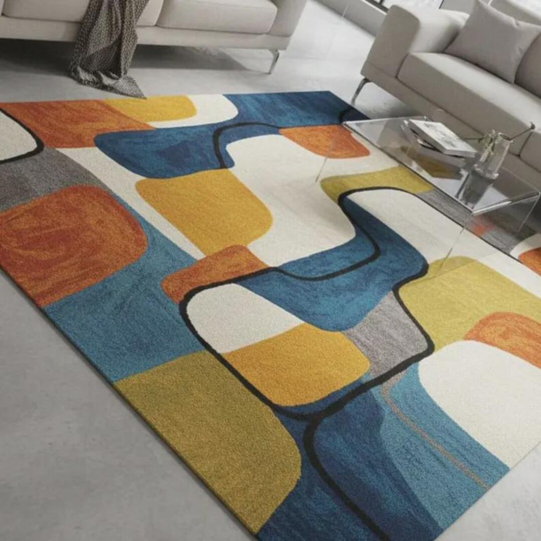 Modern Abstract Color Block Hand Tufted Rug – Blue, Yellow & Rust ...