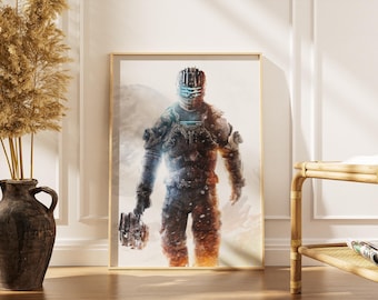 May include: A rectangular wall art print featuring a digital illustration of a space-faring character in a dark, textured suit with a glowing blue visor and helmet. The character stands in a dusty, orange-toned landscape with a large planet visible.