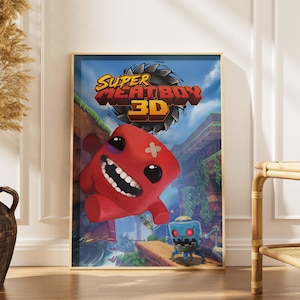 Könnte beinhalten: Gerahmtes Poster mit dem Videospiel Super Meat Boy 3D. Das Kunstwerk zeigt einen roten, lächelnden Charakter mit einem Kreuzverband, vor einem lebendigen, actiongeladenen Hintergrund mit dem Spiel-Logo.