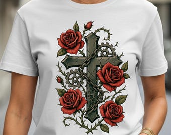 Gothic Cross with Red Roses T-Shirt | Floral Religious Graphic Tee