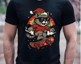 May include: Black t-shirt featuring a cartoon cat wearing sunglasses and a Santa hat, skateboarding on a Christmas-themed board against a rainbow backdrop. The cat is dressed in a red sweater. Stars and snowflakes are also visible.