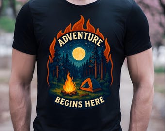 Adventure Begins Here Camping Shirt, Unisex Heavy Cotton Tee, Nature Lover Gift