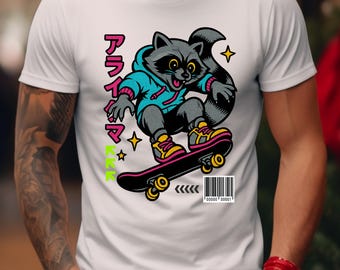 Skateboarding Raccoon Tee | Retro Japanese Skateboard Graphic