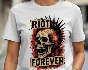Riot Forever Skull Punk Tee | Skull with Mohawk, Grunge Distressed Design