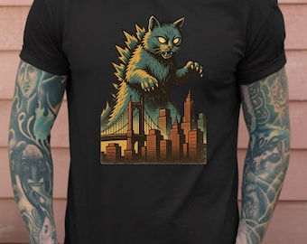 Koszulka z grafiką Retro Catzilla, zabawna koszulka dla miłośników kotów