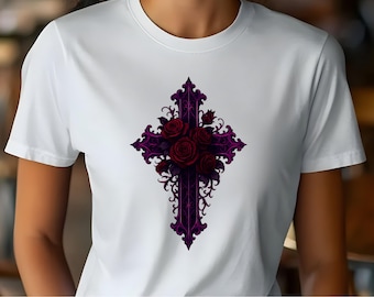 Gothic Roses Cross T-Shirt, Ornate Graphic Tee