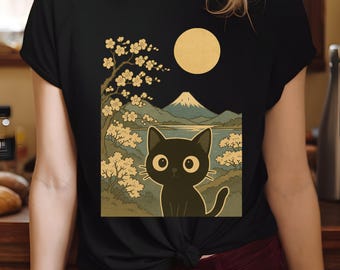 Cat and Mountain Graphic Tee, Vintags style, Unisex Heavy Cotton Shirt